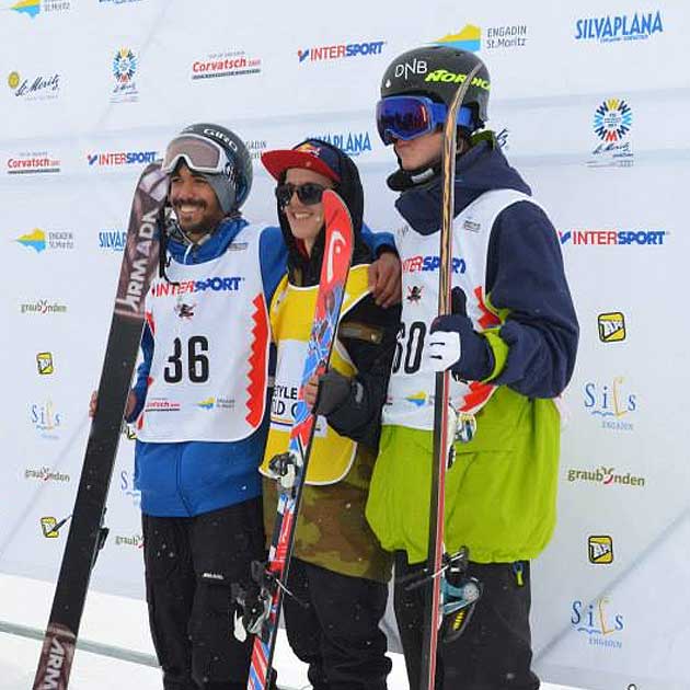 skiers winning podium